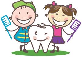 Cartoon kids with tooth brushes and a tooth